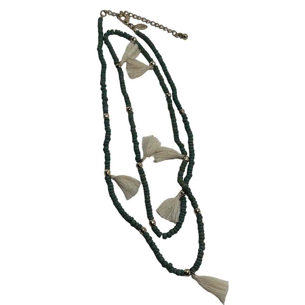 Chico’s Green Beaded Tassel Necklace Boho Layered Statement Jewelry